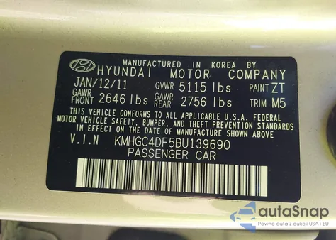 2011 Hyundai Genesis 4.6 from USA, damaged, VIN KMHGC4DF5BU139690